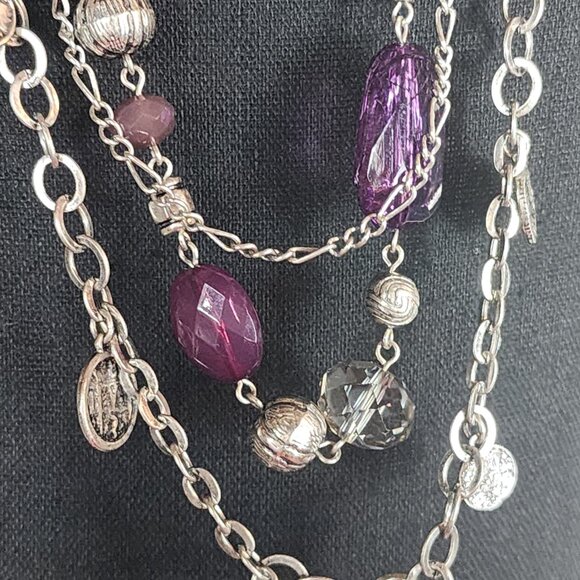 Premier Designs Silver Tone Three Strand Purple Silver Bead Coin 32" Necklace - Picture 6 of 16